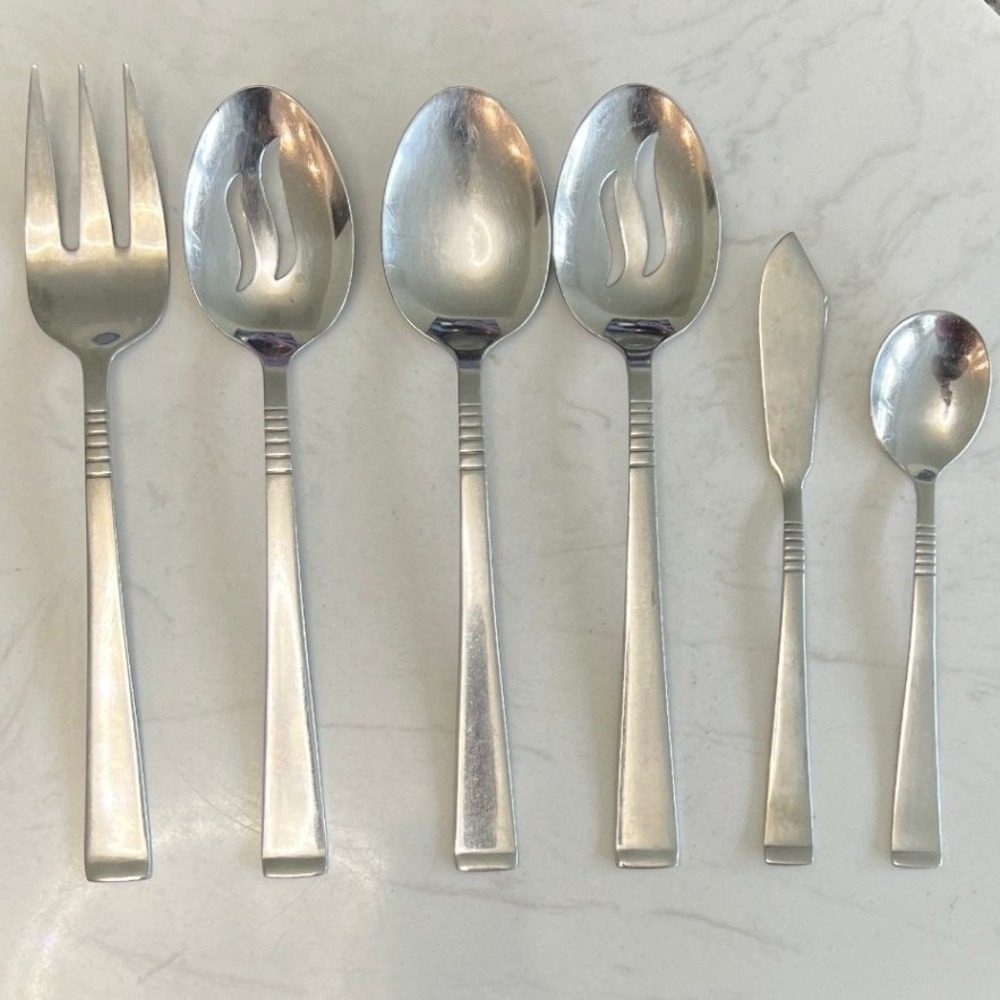 Libbey Flatware Serving Set Stainless Steel Retro Modern Hostess Utensils